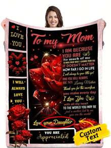 1pc Custom Name Blanket To My Mom Blanket Red Rose Flower Flannel Blanket Custom Mom Name Blanket, For Office, Personalized Mom Birthday Gifts, Mother's Day Gifts From Son Or Daughter, World Best Mum Print Flannel Blanket, Soft And Comfortable Blanket, Suitable For Bedroom Bed, Sofa, Office Multi-Purpose Throw Blanket, Outdoor Camping Travel, Cozy To My Mom Blanket, Perfect For Cuddling, Picnics, And Relaxing Moments - Multicolor - View 3