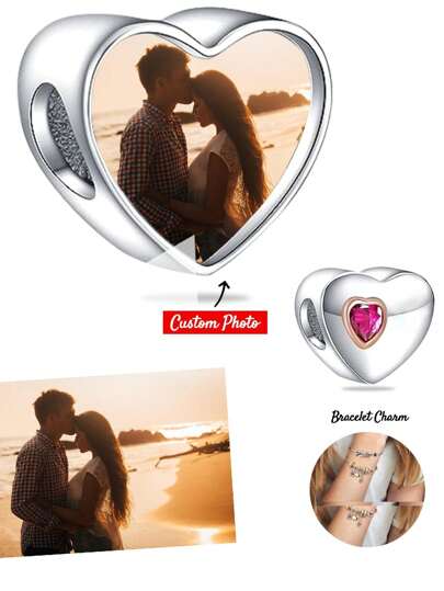 1pc Personalized Photo Bracelet Pendant, Gift For Women, Mother, Photo Necklace Pendant, Photo Anklet Pendant, Heart/Round/Square Beads, Gift For Daughter, Girlfriend, Wife, Best Friend