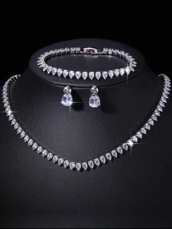 4 Pcs/Set Water Drop Zirconia Women Earrings Necklace Wedding Jewelry Sets For Daily Wear Party Mother Day Gift