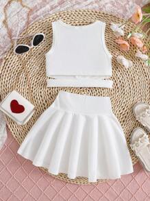 Young Girl Solid Colored Vest And Skirt Set