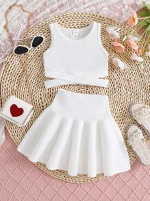 Young Girl Solid Colored Vest And Skirt Set
