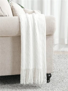 Knitted Blanket With Textured Solid Color Pattern, Soft Sofa Decoration Throw 127cm X 152cm - White - View 2