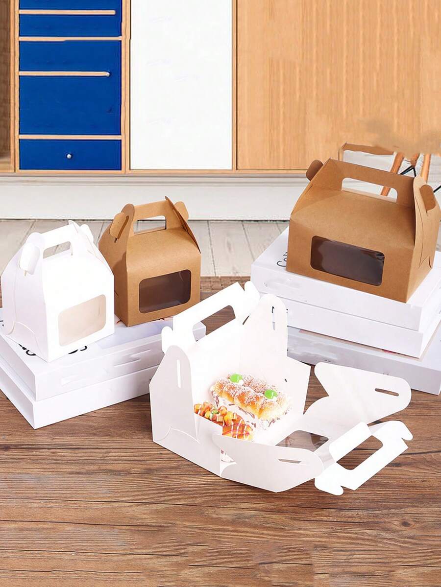 10pcs Windowed Handheld Pastry Box, Baking Packaging Mousse & Egg Tart Box, Handmade Nougat Food Cake Takeout Package Box - Multicolor - View 1