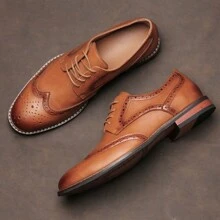 Men's Brogue Business Dress Shoes - Embossed Retro Style Upper, Wooden Heel, Rubber Sole, White Stitching - Brown - View 1