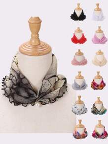 1 件女士围脖仿珍珠装饰颈部保暖围巾，网眼蕾丝镂空设计 - 米色 - 查看 1