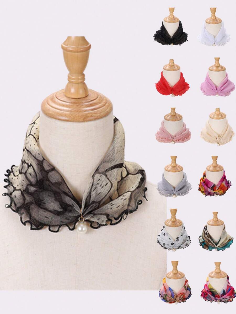 1 件女士围脖仿珍珠装饰颈部保暖围巾，网眼蕾丝镂空设计 - 米色 - 查看 1