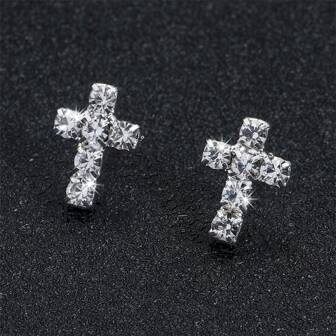 2pcs Fashionable Crystal Clip-On Earrings, Cross Shaped, No Piercing Needed, Ideal For Women's Daily Wear