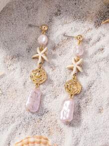 1 par de pendientes colgantes de estrella de mar, caracol marino y perla falsa con piedra de turquesa para mujeres, ideales para vacaciones de verano y playa - A8823 - Ver 6