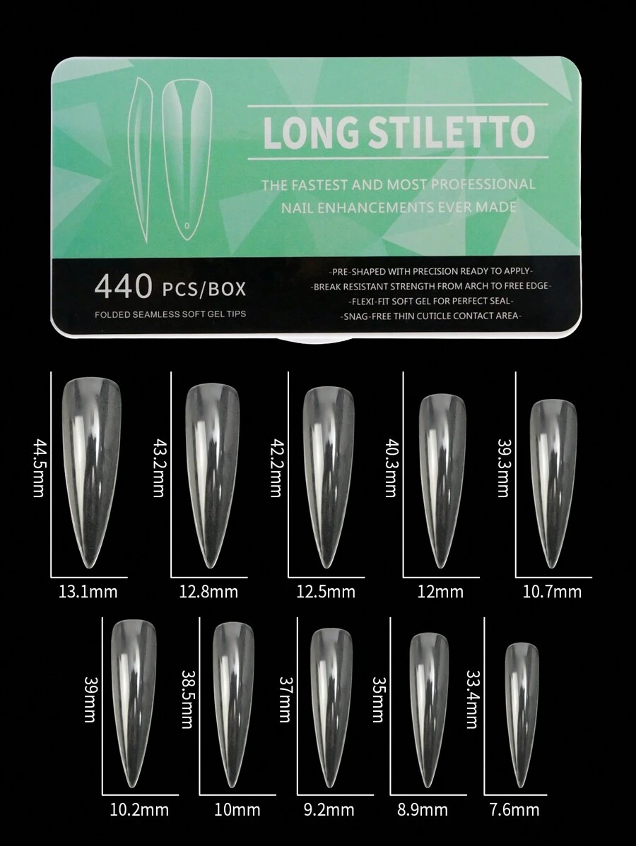 Beautizon Nailartlab 1盒440支半磨砂超薄長尖形指甲貼片,指甲用品 - 無色 - 查看 1