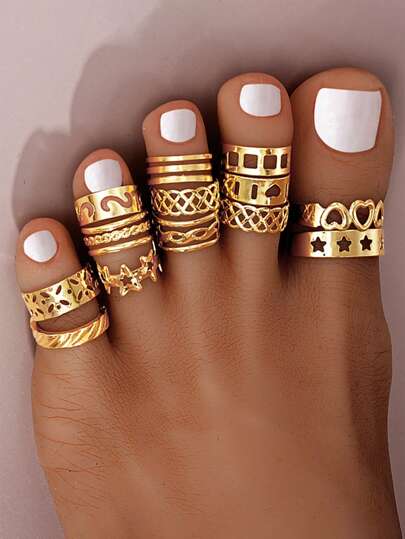 13pcs Simple Heart Star Geometric Metal Toe Ring Set For Women, Vacation/Date Gift Valentines,Mom,Mother,Mother's Day,Gift