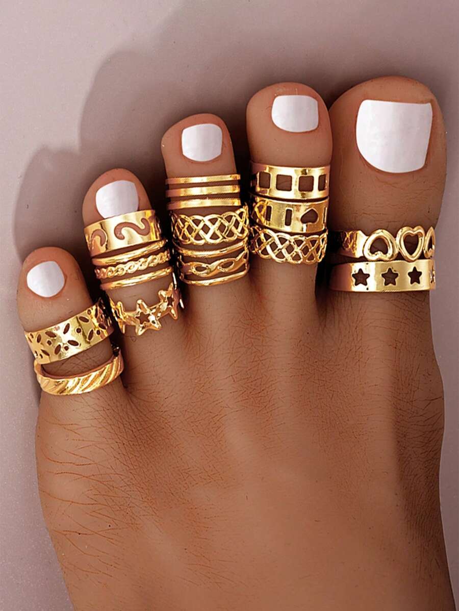 13pcs Simple Heart Star Geometric Metal Toe Ring Set For Women, Vacation/Date Gift Valentines,Mom,Mother,Mother's Day,Gift