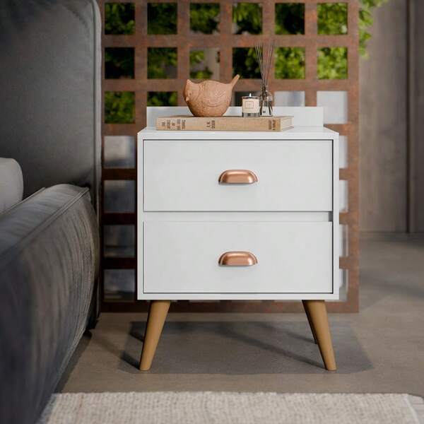 Mesa de Cabeceira Madero New Pés Retro Várias Cores Lançamento Puxador de concha 2 gavetas