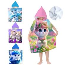 创新可爱的猫咪图案连帽亲子巾，现代风格超细纤维长方形吸水换尿布斗篷，多功能毛巾，适用于室内浴室和户外海滩。夏季婚礼家居浴室装饰沙滩装返校季 - 彩色 - 查看 2