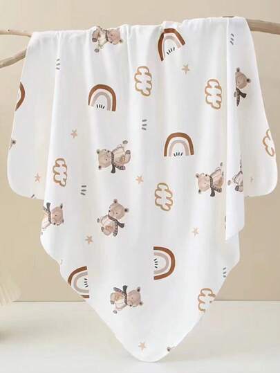 1pc Newborn Rainbow Bear Pattern Hospital Blanket, Soft Skin-Friendly Swaddle Wrap, Lightweight Blanket, All Season