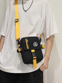 THREE FEATHER 迷你时尚单肩斜挎包，配有亮色肩带、前袋、翻盖锁设计，适合旅行、趣味礼品、男士节日礼物、度假男士礼物、笔记本电脑、冬季大容量多功能户外学生男士包、皮包、黑色包、旅行必需品、节日必备包、男士露营单肩包、男士包、夏季返校单肩包、斜挎包、春季学校用品钱包 - 黑色 - 查看 1