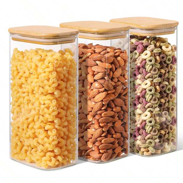 Recipientes de almacenamiento rectangulares transparentes con tapas, tarros transparentes de PET con tapas de bambú, tarro de almacenamiento de alimentos transparentes, contenedores de azúcar y café, contenedor de almacenamiento de despensa para pasta, té, dulces y nueces