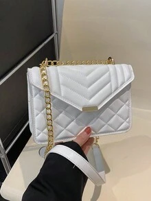 時尚刺繡線裝飾簡約鏈條肩背包,2024年流行新設計,立體方形手提包萬用女士包 - 白色 - 查看 7