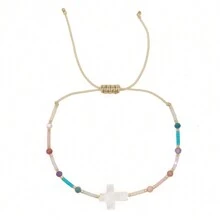 1個裝嬉皮時尚極簡色彩珠條手工寶石疊疊樂復活節貝殼月亮可調節手鏈,男女皆宜,夏日沙灘禮物