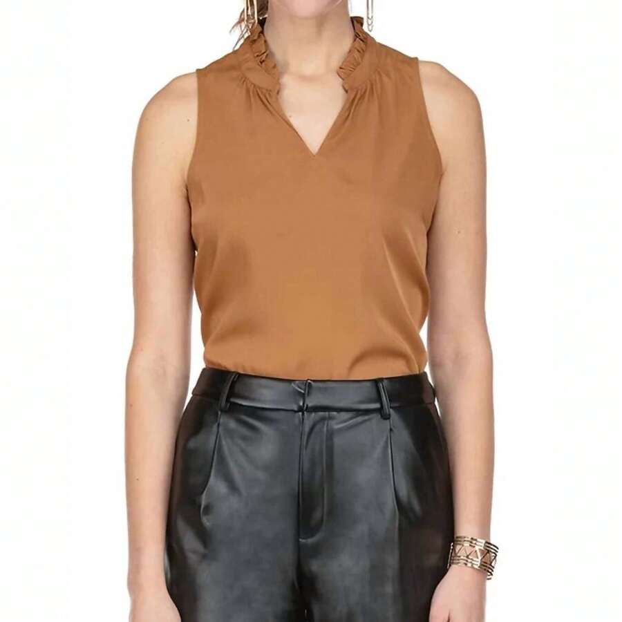 JADE Ruffles Neck Shell Tank Top In Cognac - cognac - View 1