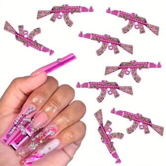 10pcs Luxury 3D Alloy Pink Gun Nail Art Charms With Crystal Rhinestones - Perfect For DIY Or Nail Salon, Acrylic Nails Supplies Nail Gems