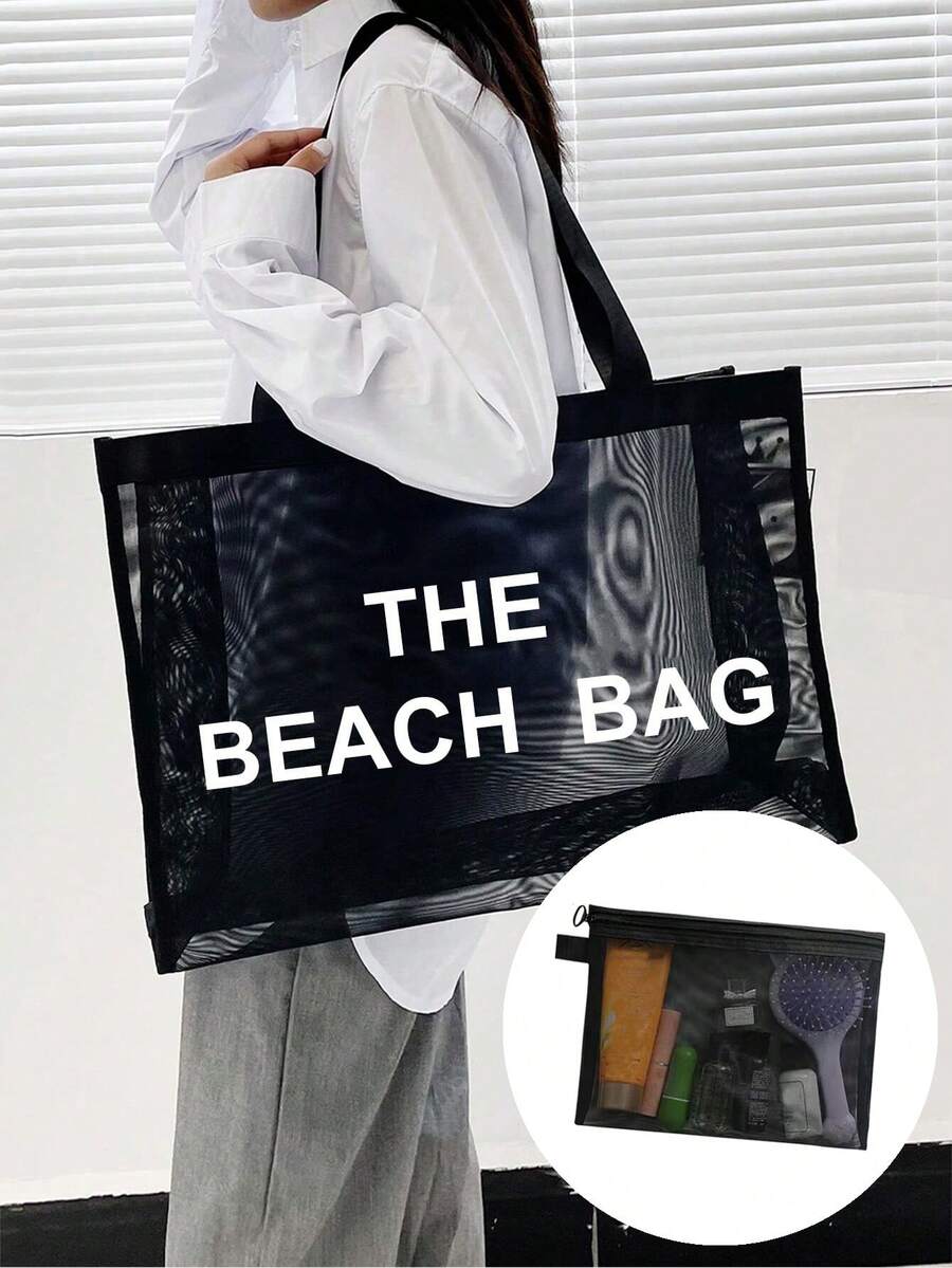 2 CÁI Túi lưới nylon Chất liệu nylon Túi tote lưới in bảng chữ cái có và túi đựng đồ vệ sinh bằng lưới Túi làm đẹp, sử dụng cho chính bạn hoặc tặng quà cho người khác, cho bạn bè, mẹ, giáo viên, nhẹ, sức chứa lớn, túi lưới di động đi biển, hoàn hảo cho chuyến du lịch gia đình, Kỳ nghỉ, Kỳ nghỉ, Bãi biển, Cắm trại & Đi bộ đường dài đến trường, Nhẹ, Thích hợp cho Nữ sinh viên Đại học Nữ tuổi teen Ngoài trời, Du lịch, Đi chơi, Kỳ nghỉ, Bãi biển, Kỳ nghỉ - màu đen - Xem 1