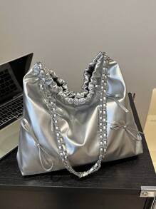 Túi Tote rút dây Y2K, Túi đeo vai nơ dễ thương, Ba lô thời trang cho phụ nữ đi chơi, Hoàn hảo cho Lễ hội âm nhạc - Bạc - Xem 2