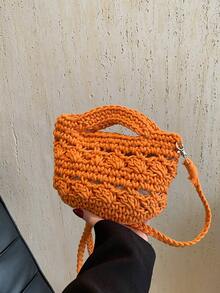 2024新款女款編織斜背包,草編沙灘包,激光切割空心設計,假日風格漁網包 - 亮橙色 - 查看 11