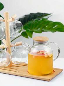 1pc Heat-Resistant Glass Tea Pot With Bamboo Lid For Brewing Tea, Lemonade, Cold Water, Flowers Etc. - Clear - View 2
