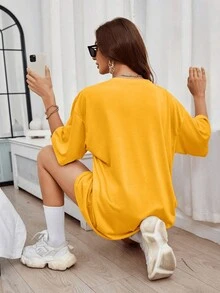 Camiseta amplia floral con estampado de seta de hombros caídos - Amarillo - Ver 4