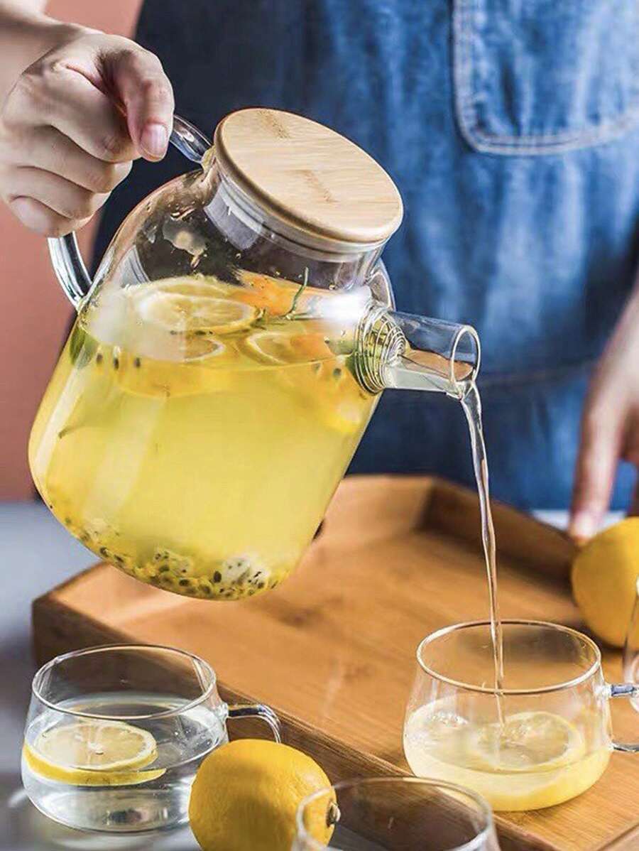 1pc Heat-Resistant Glass Tea Pot With Bamboo Lid For Brewing Tea, Lemonade, Cold Water, Flowers Etc. - Clear - View 1