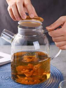 1pc Heat-Resistant Glass Tea Pot With Bamboo Lid For Brewing Tea, Lemonade, Cold Water, Flowers Etc. - Clear - View 5