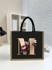 Casual Tote Bags For Women, Large Capacity Shopping Bag, Linen Beach Tote Bag, Gold 26 Letter Print Commuter Tote Bag, Jute Tote Bag Women's Shopping Bag, Gold Lettering And Flowers, Large Capacity Reusable Shopping Bag, Summer Essentials, Perfect For Vacation & Holiday, School Bag, Portable, Large Capacity, For Teen Girls Women College Students, Perfect For Office, College, Middle School ,Vacation Essentials - Black - View 25