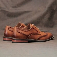 Men's Brogue Business Dress Shoes - Embossed Retro Style Upper, Wooden Heel, Rubber Sole, White Stitching - Brown - View 4