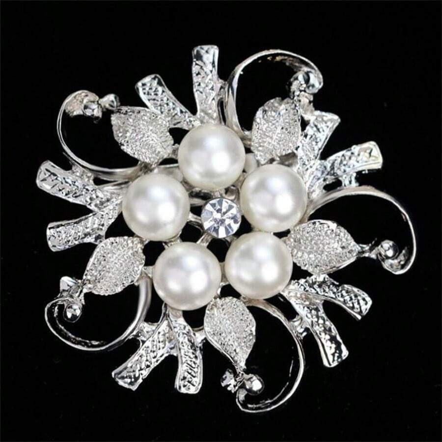 1入時尚方形鋯石和人造珍珠花束胸針，適合女士穿著 - 銀色 - 查看 1