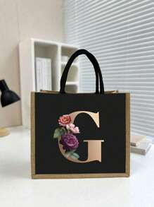 Casual Tote Bags For Women, Large Capacity Shopping Bag, Linen Beach Tote Bag, Gold 26 Letter Print Commuter Tote Bag, Jute Tote Bag Women's Shopping Bag, Gold Lettering And Flowers, Large Capacity Reusable Shopping Bag, Summer Essentials, Perfect For Vacation & Holiday, School Bag, Portable, Large Capacity, For Teen Girls Women College Students, Perfect For Office, College, Middle School ,Vacation Essentials - Black - View 10