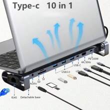 10 合 1 多功能笔记本电脑支架和扩展坞，Type-C 转 3.0 USB + 100W PD + 读卡器 + 4K 高清电视 + RJ45 以太网，适用于笔记本电脑适配器 - 深灰色 - 查看 1