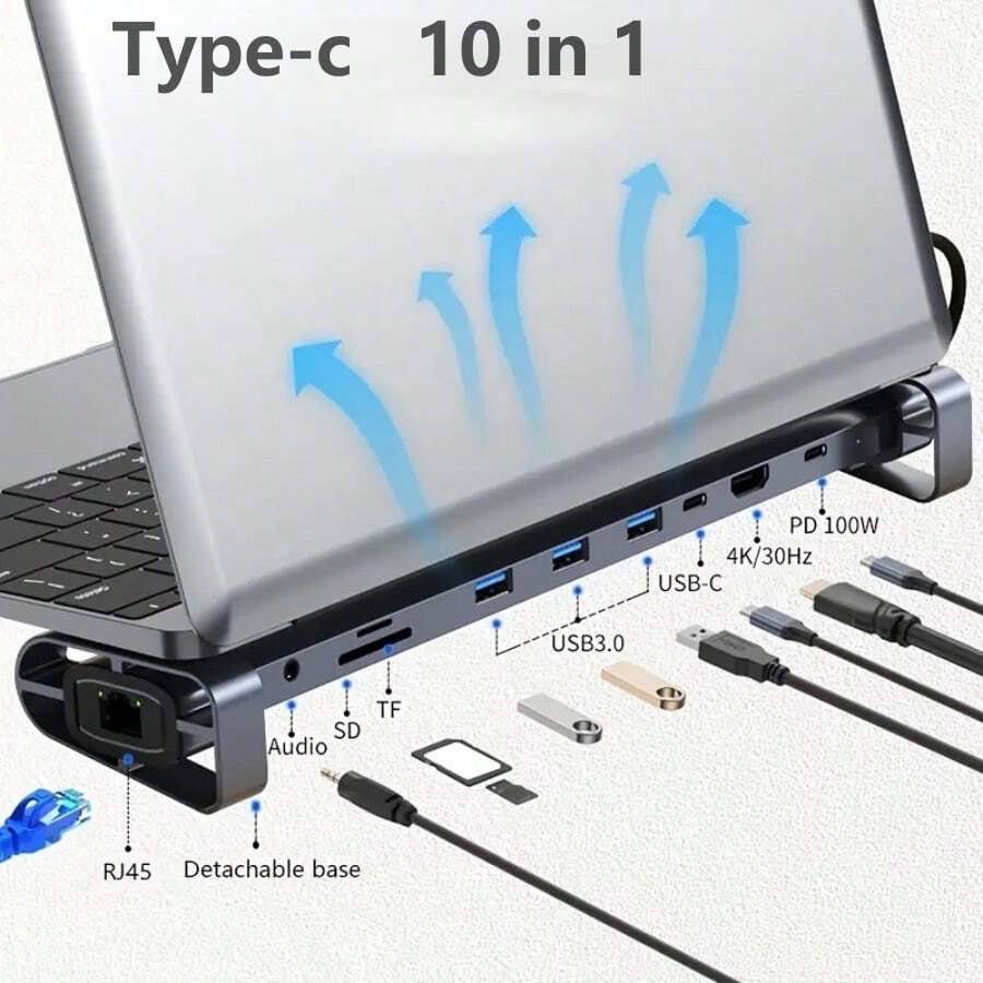 10 合 1 多功能笔记本电脑支架和扩展坞，Type-C 转 3.0 USB + 100W PD + 读卡器 + 4K 高清电视 + RJ45 以太网，适用于笔记本电脑适配器 - 深灰色 - 查看 1