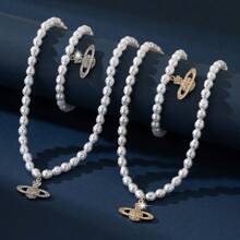 1 Set Damen Armband mit Planeten-Strass-Einlagen und Halskette mit Strass-Perlen