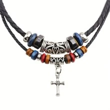 1 Pieza Collar Apilable De PU Tejido Con Cuentas, Cadena De Clavícula Multicolor Vintage Para Hombres, Estudiantes, Regalo De Joyería De Moda Retro Para Parejas, Múltiples Estilos Disponibles