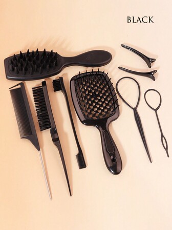 9-Piece Hairstyle Brush Set, Equipped With Tear Brush, Mouse Tail Comb, Edge Control Brush, Silicone Shampoo Brush, Hair Pulling Needle, Duckbill Clip, And Wrinkle Removal Brush - Hair Arrangement And Styling