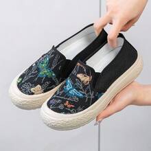 女款春/夏/秋季軟底透氣平底針織帆布鞋,學生休閒佩帶舒適便宜的單層彩色低跟鞋 - 黑色 - 查看 4