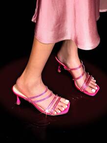 Women Rhinestone Summer Mule Sandals, Square Open Toe Slip On Low Heeled Sandals For Prom, Wedding, Party - 亮粉紅色-萊茵石 - 查看 3