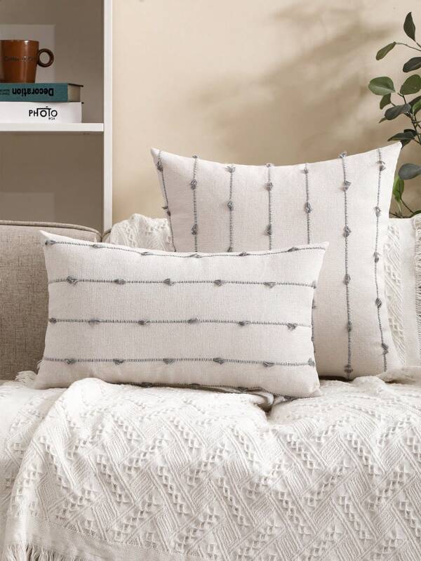 Miater Striped Jacquard Decorative Pillow Case With Tassels, For Living Room, Bedroom, Sofa Decor