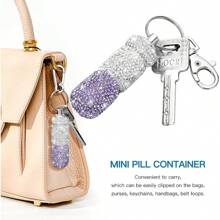 Portable Bling Keychain Storage Box 2 Compartments Small Travel Storage Case Pill Organizer Outdoor Rhinestone Waterproof Small Pill Holder With Keychain Cute Storage Box For Outdoor Camping Case