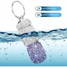 Portable Bling Keychain Storage Box 2 Compartments Small Travel Storage Case Pill Organizer Outdoor Rhinestone Waterproof Small Pill Holder With Keychain Cute Storage Box For Outdoor Camping Case