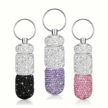 Portable Bling Keychain Storage Box 2 Compartments Small Travel Storage Case Pill Organizer Outdoor Rhinestone Waterproof Small Pill Holder With Keychain Cute Storage Box For Outdoor Camping Case