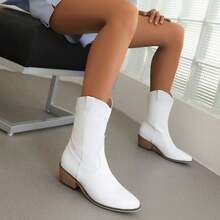 Women's Riley Western Booties, Classic Suede Slip On Riley Scroll Western Boot Stitching Ankle Boots Cowboy CowGirl Boots Low Heel Sheriff Boot For Women - trắng - Xem 4