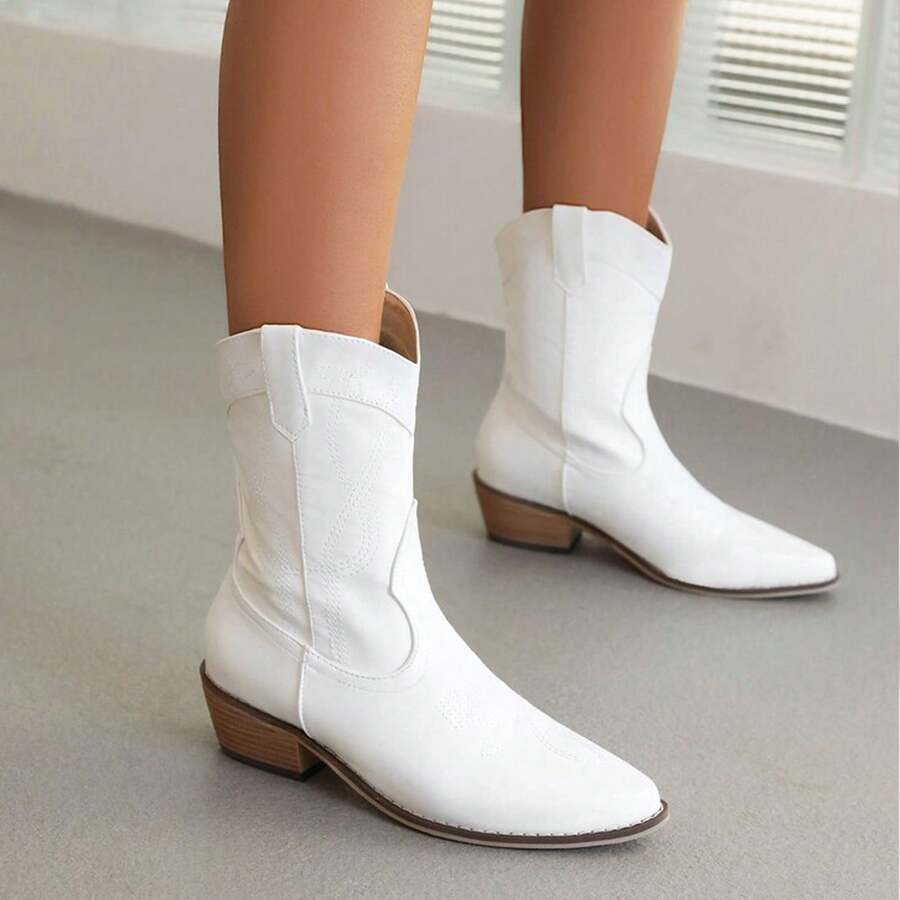 Women's Riley Western Booties, Classic Suede Slip On Riley Scroll Western Boot Stitching Ankle Boots Cowboy CowGirl Boots Low Heel Sheriff Boot For Women - trắng - Xem 1