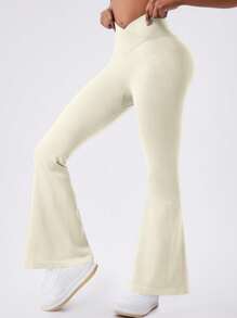 1pc Women Ribbed Ruched Butt Lifting Flared Yoga Pants, High Waist V-Cut Gym Leggings - Beige - View 4