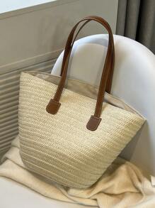 编织纯色单肩托特包，大容量手提包，时尚女士休闲包，沙滩必备品，夏季女士包，非常适合旅行、度假、假日和海滩